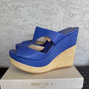 Jimmy Choo 143 Pledge Cosmo Vac LOGO PLATE Espadrille Wedge SLIDES EU 41 Blue